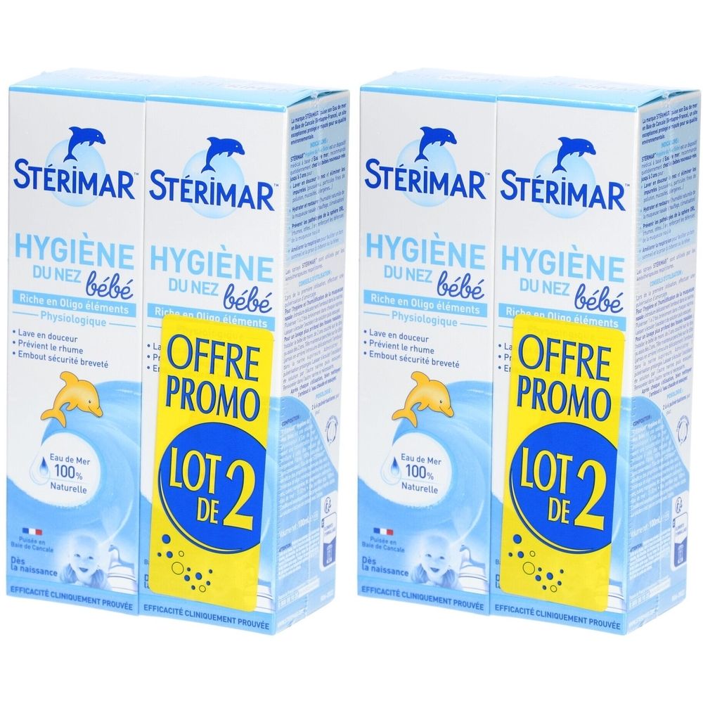 Deux boîtes « Sterimar Hygiène du Nez bébé ». Inscription « Offre Promo Lot de 2 ». Logo dauphin.