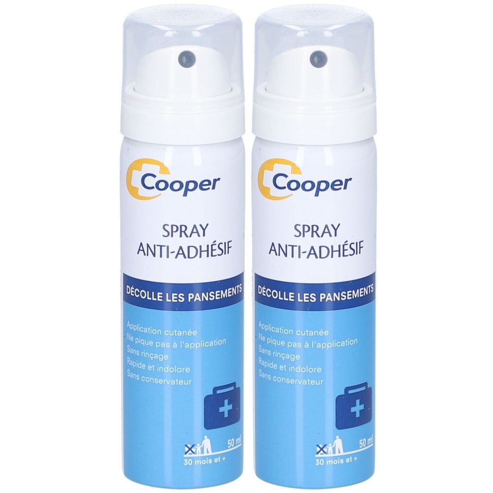 Deux flacons spray blancs avec logo Cooper. Inscription: SPRAY ANTI-ADHÉSIF. Décolle les pansements. Avec tête de pulvérisation et capuchon transparent.