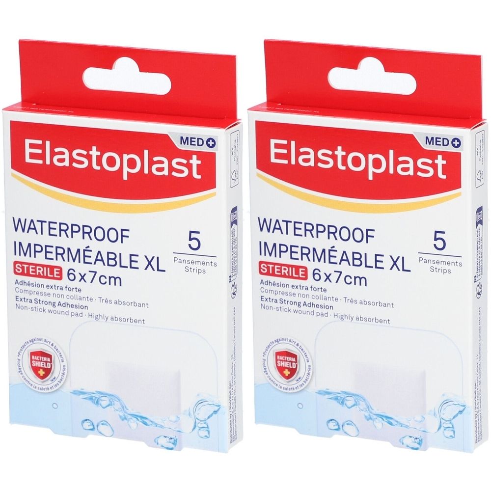 Deux boîtes de pansements Elastoplast Waterproof XL, 6x7 cm. Inscription : stérile, 5 pièces. Emballage rouge et blanc avec nom du produit.