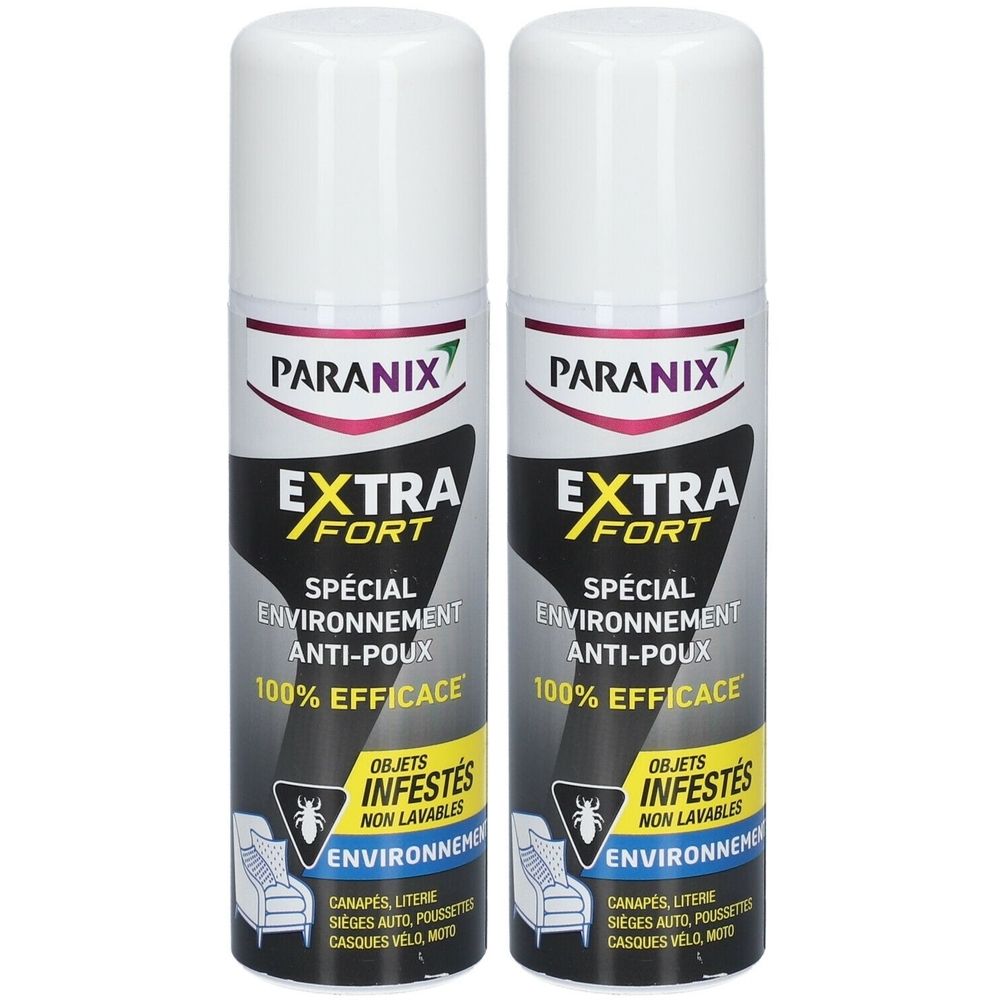 Deux sprays. Inscription: PARANIX EXTRA FORT, Anti-Poux, 100% efficace. Pour objets infestés non lavables.