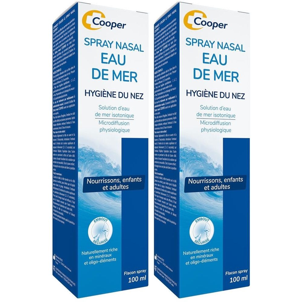 Deux boîtes de spray nasal. Inscription: Cooper, Spray Nasal Eau de Mer, Hygiène du Nez. Pour nourrissons, enfants et adultes.
