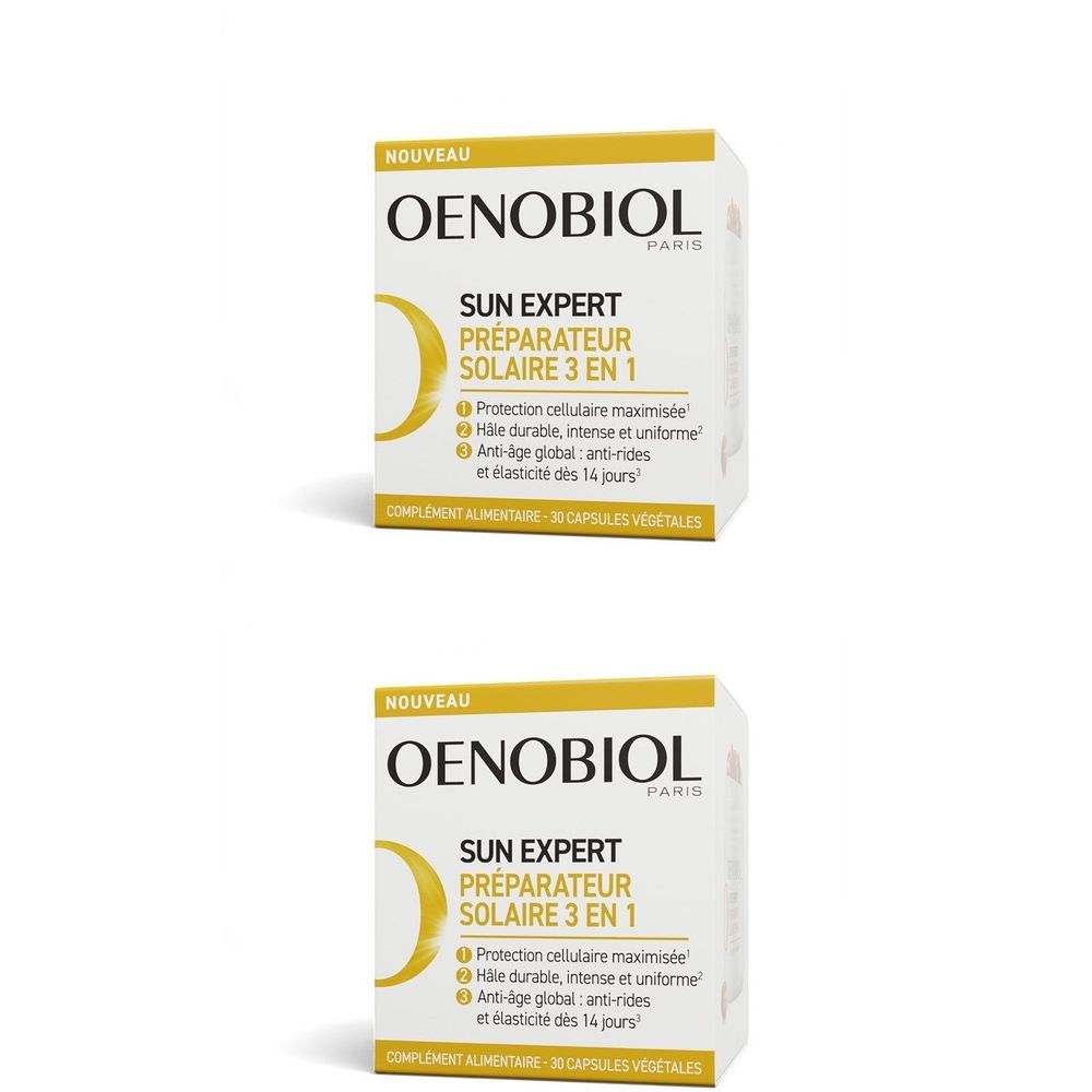 Deux boîtes OENOBIOL SUN EXPERT. Inscription : Préparateur Solaire 3 en 1. Complément alimentaire. 30 capsules végétales.