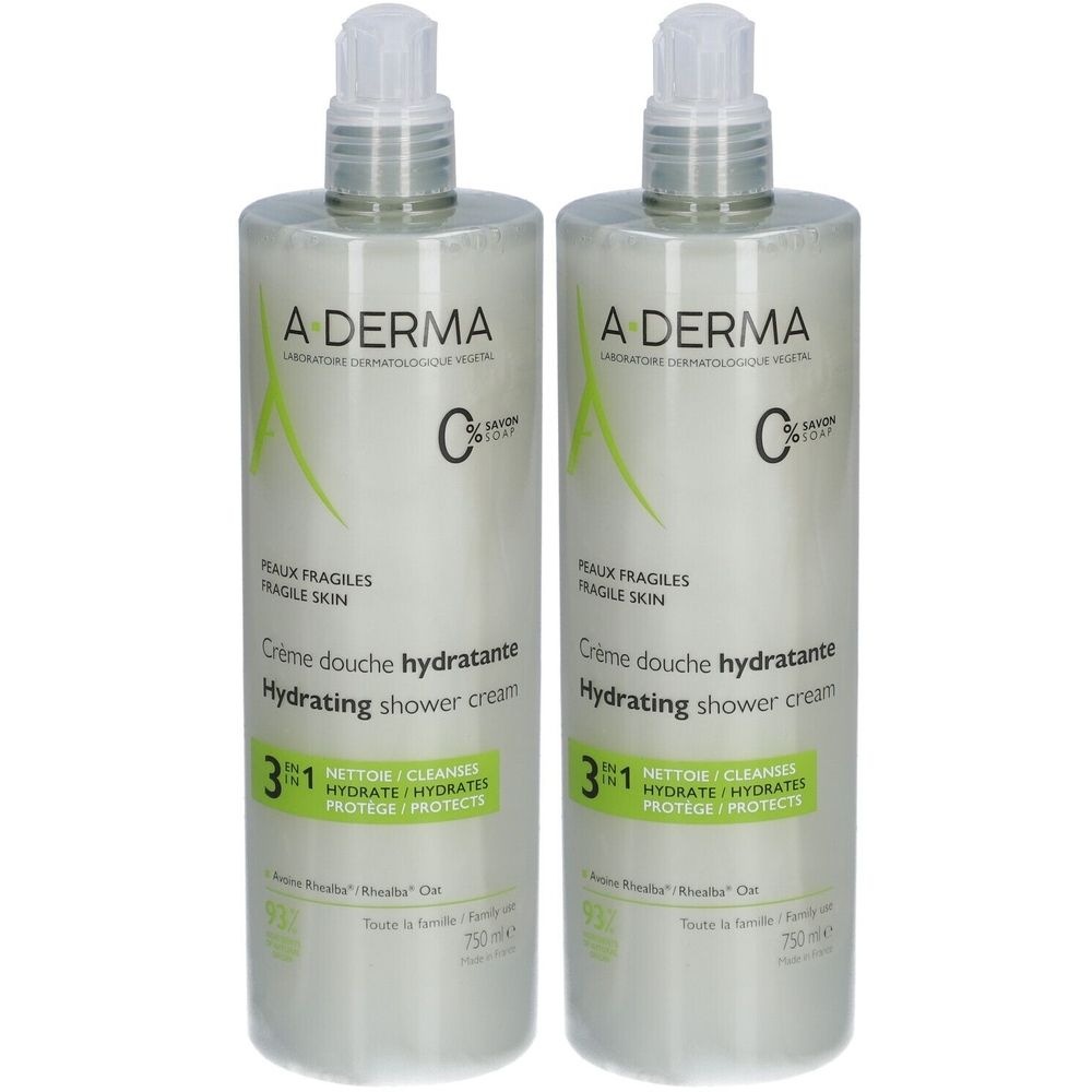 Deux flacons de crème de douche. Inscription : A-Derma, Crème douche hydratante, Hydrating shower cream. Avec bouchon pompe.