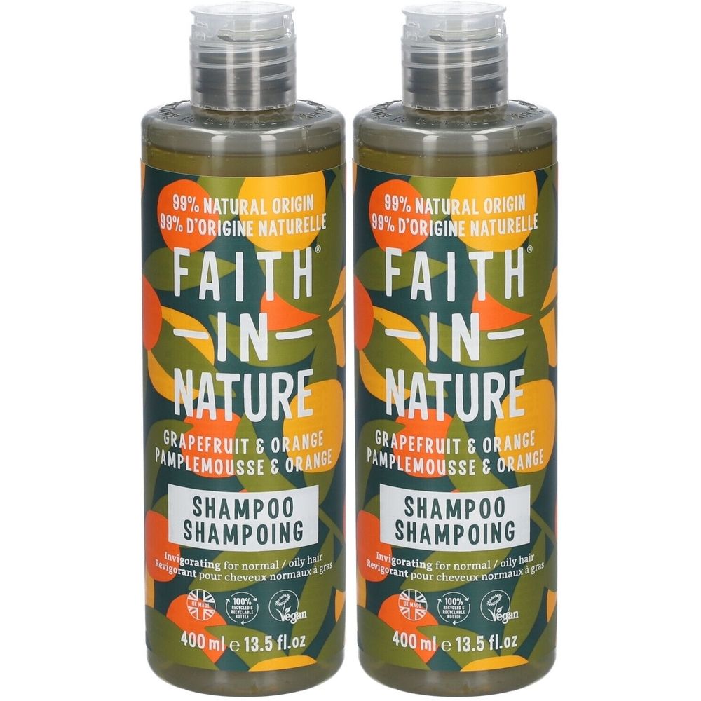 Deux flacons de shampooing FAITH IN NATURE, pamplemousse et orange. Design vert et orange, 400 ml.