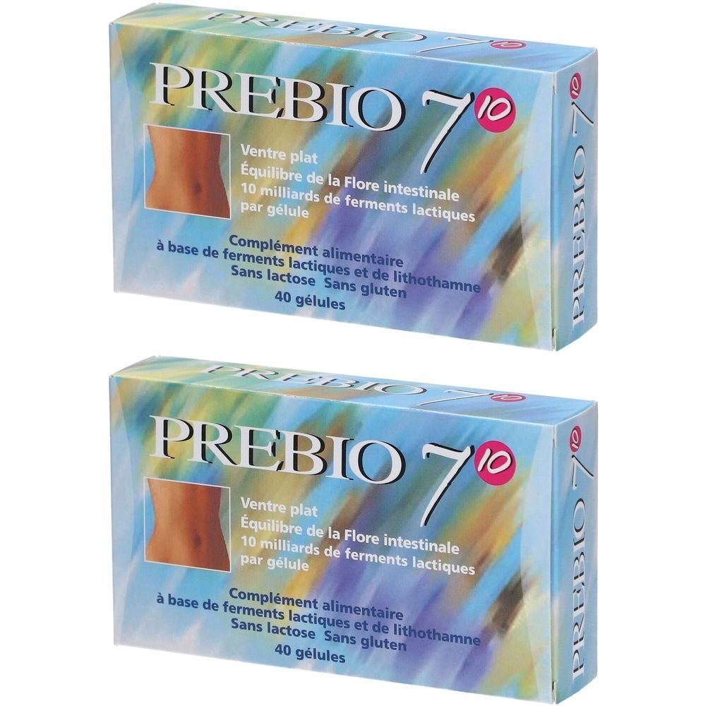 Deux boîtes de PREBIO 7. Inscription : Ventre plat, équilibre de la flore intestinale, 10 milliards de ferments lactiques par gélule, 40 gélules. Sans lactose et sans gluten.