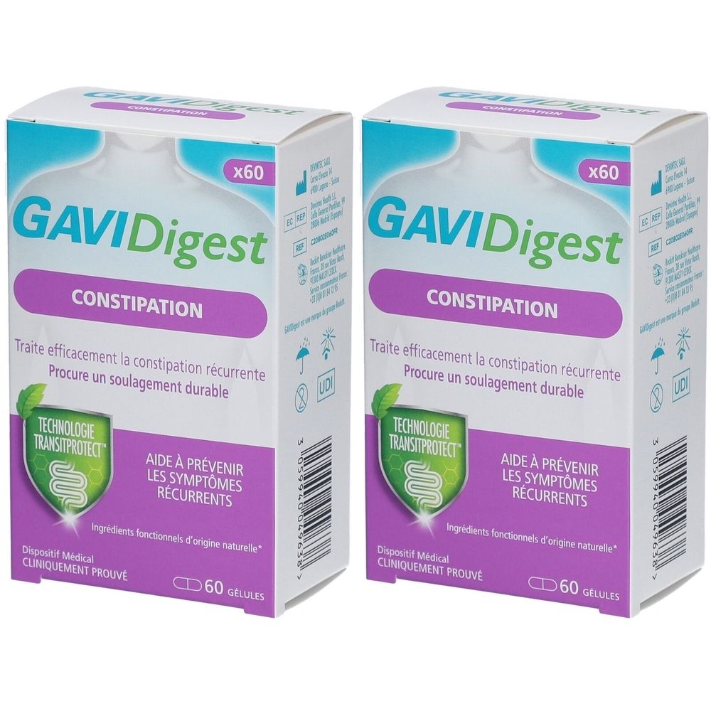 Deux boîtes de GaviDigest. Inscription: CONSTIPATION. Emballage vert et blanc avec informations et logo.