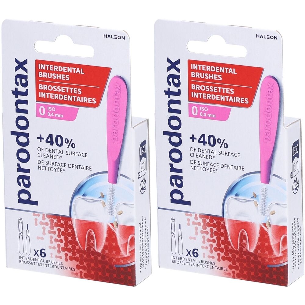Deux boîtes de brossettes interdentaires Parodontax. Manche rose, 0,4 mm. Six brossettes par boîte. Inscription : +40% de surface dentaire nettoyée.