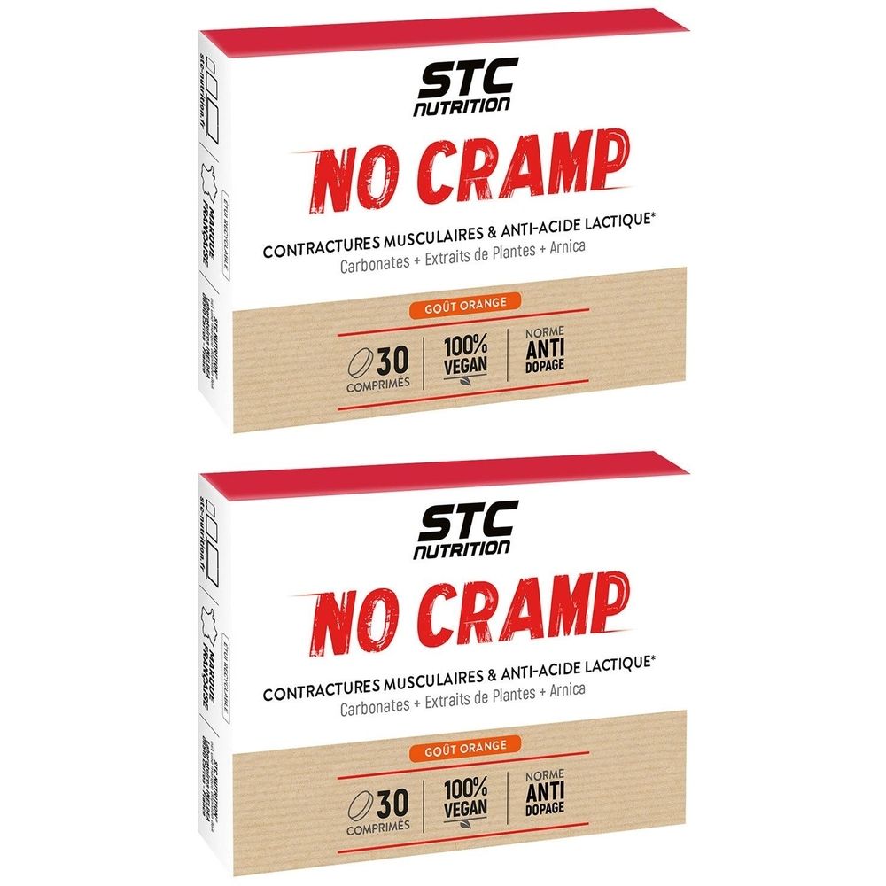 Deux boîtes "NO CRAMP". Marque STC Nutrition. Contient 30 comprimés, vegan, anti-dopage. Saveur orange.