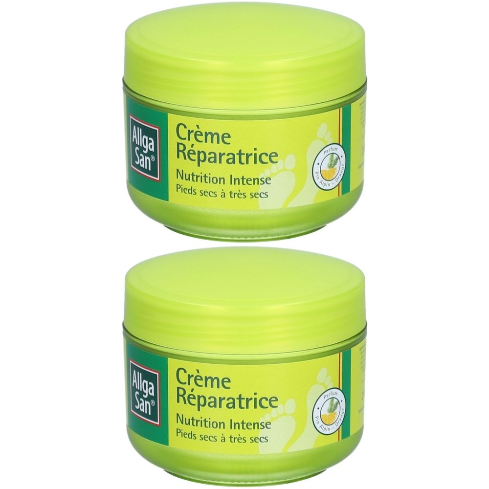 Deux pots verts de crème. Inscription: Allga San Crème Réparatrice, Nutrition Intense, Pieds secs à très secs.