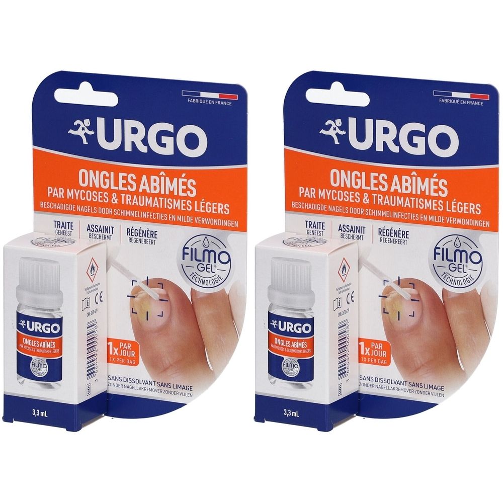Deux boîtes de URGO Filmogel pour ongles abîmés. Emballage bleu et orange. Inscription du nom du produit et logo.