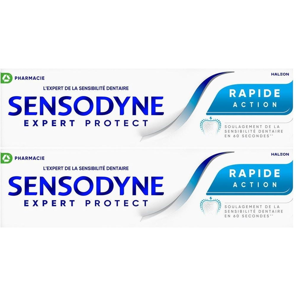 Deux tubes de dentifrice SENSODYNE EXPERT PROTECT avec l'inscription 'RAPIDE ACTION'.
