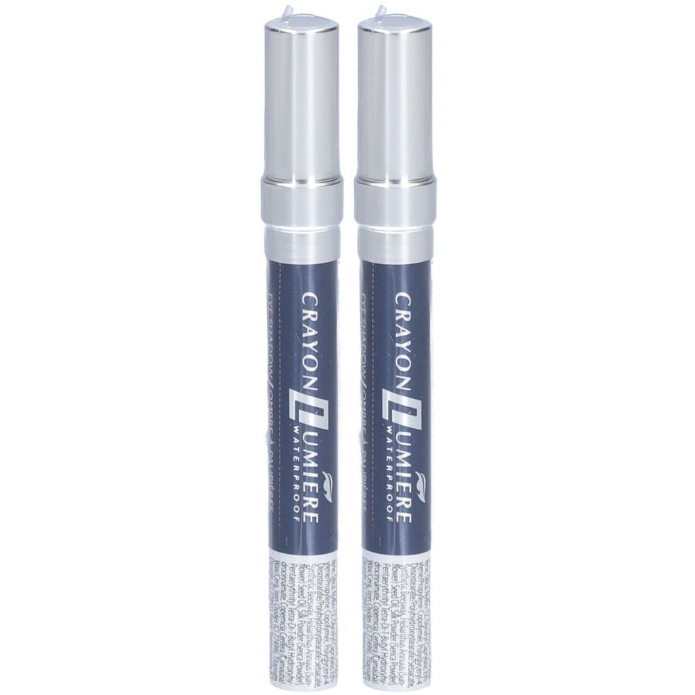 Deux crayons pour les yeux bleus avec des capuchons argentés. Inscription : Crayon Lumière Waterproof.