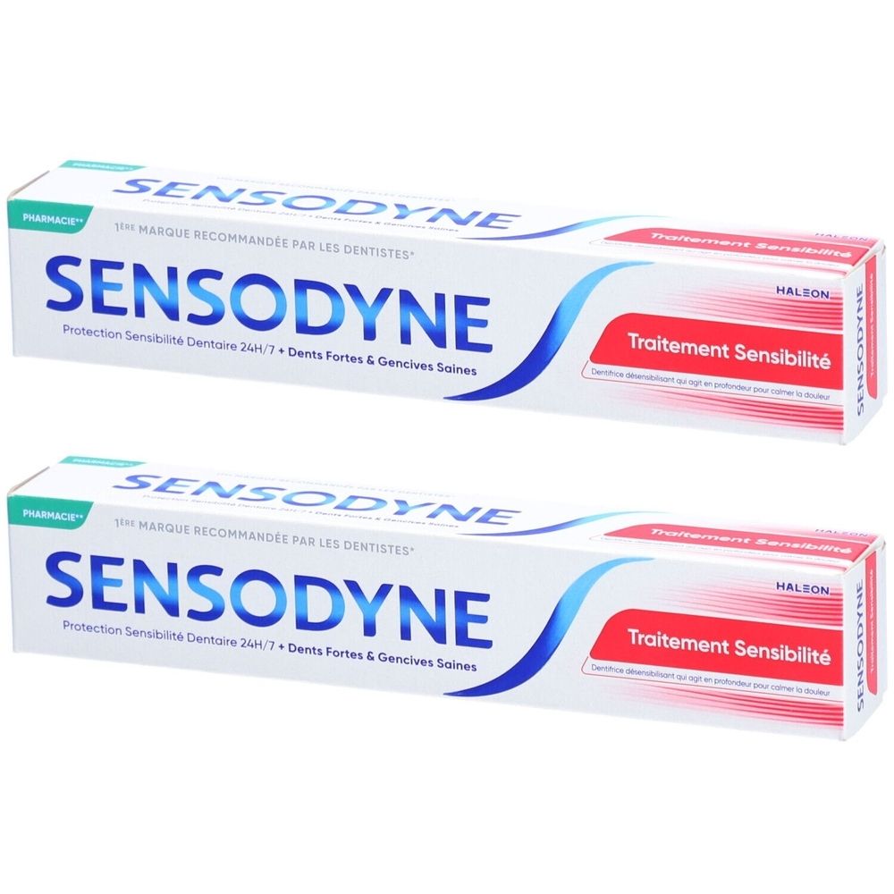 Deux tubes de dentifrice SENSODYNE. Protection sensibilité dentaire 24h/7, dents fortes et gencives saines. Emballage blanc et rouge.