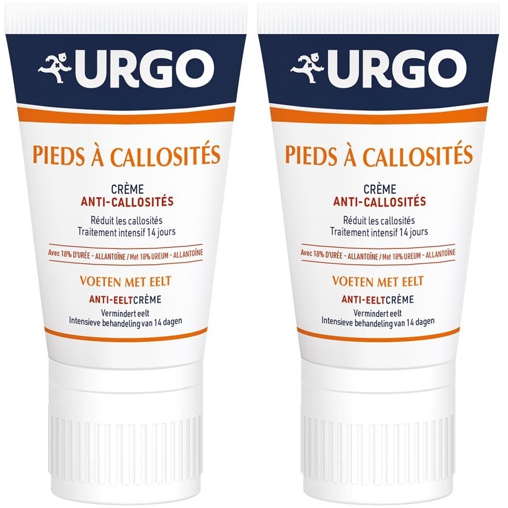 Deux tubes de crème pour les pieds. Inscriptions : URGO, PIEDS À CALLOSITÉS, ANTI-CALLOSITÉS, VOETEN MET EELT, ANTI-EELTCRÈME.