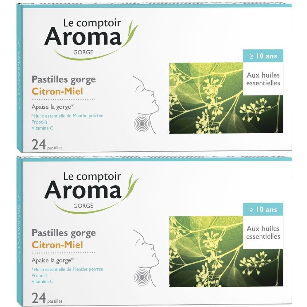 Deux boîtes de pastilles. Inscription: Le Comptoir Aroma, Pastilles gorge Citron-Miel. Avec illustrations et texte.