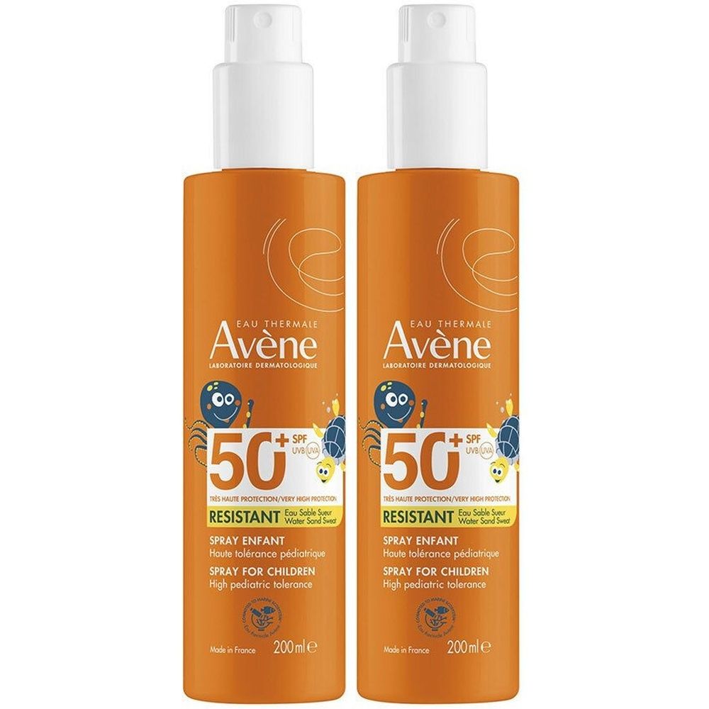 Deux flacons spray orange avec tête blanche. Inscription : Avène, 50+ SPF, Spray Enfants, 200ml. Design enfantin.