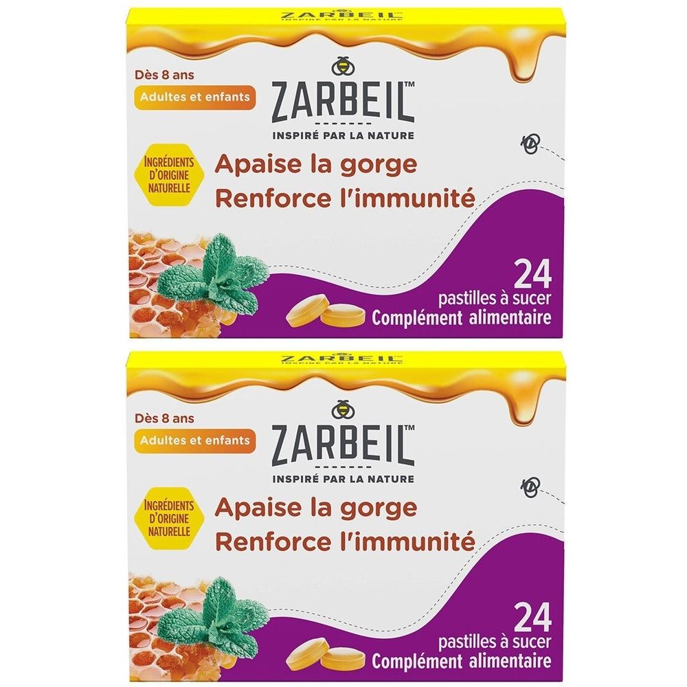Deux boîtes de pastilles Zarbeil. Ingrédients d'origine naturelle. Apaise la gorge, renforce l'immunité. 24 pastilles à sucer.