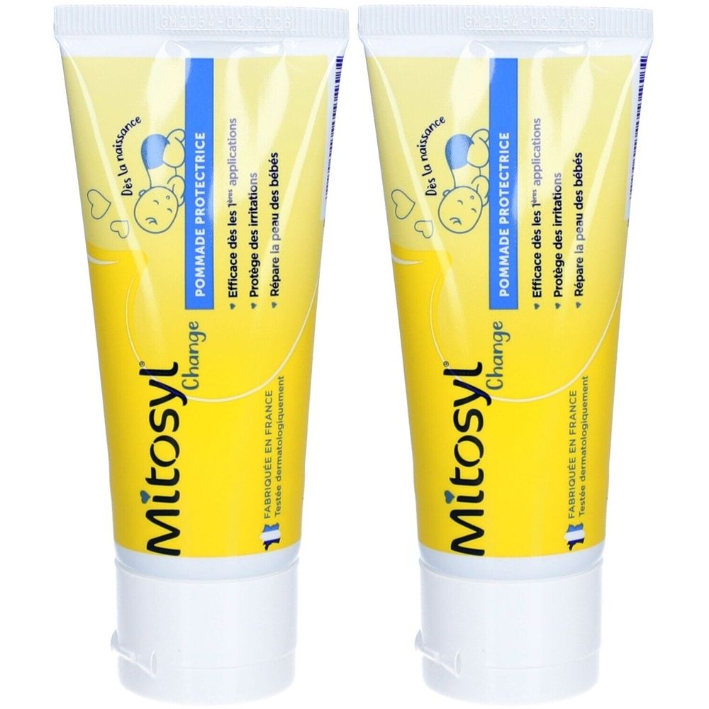 Deux tubes de Mitosyl Change Pommade Protectrice. Tubes jaunes avec texte bleu et blanc. Inscription : « Efficace dès les 1 applications ».