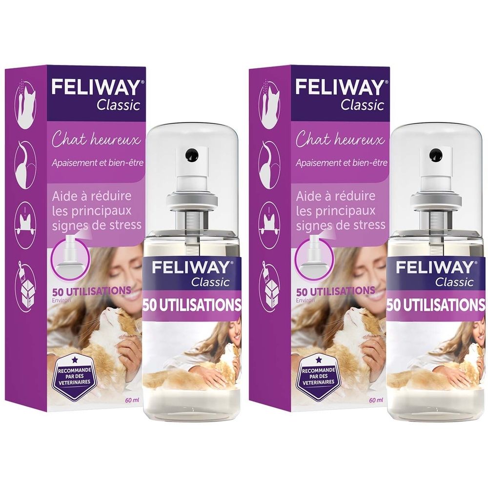 Deux flacons de FELIWAY Classic Spray avec vaporisateur et emballage. L'emballage indique "Chat heureux" et "50 UTILISATIONS".