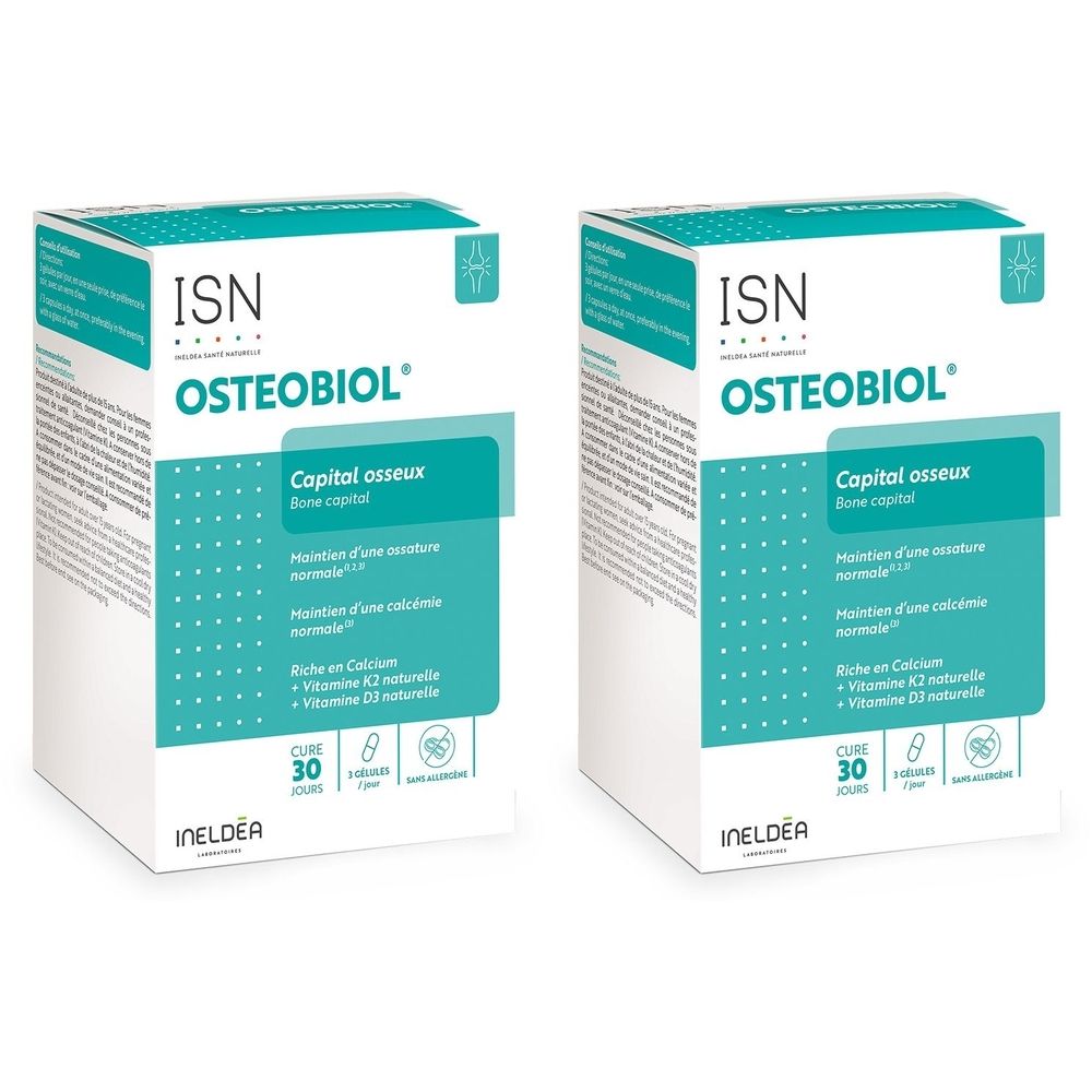 Deux boîtes blanches avec ISN Osteobiol. Un rectangle turquoise avec du texte est visible. Cure de 30 jours.
