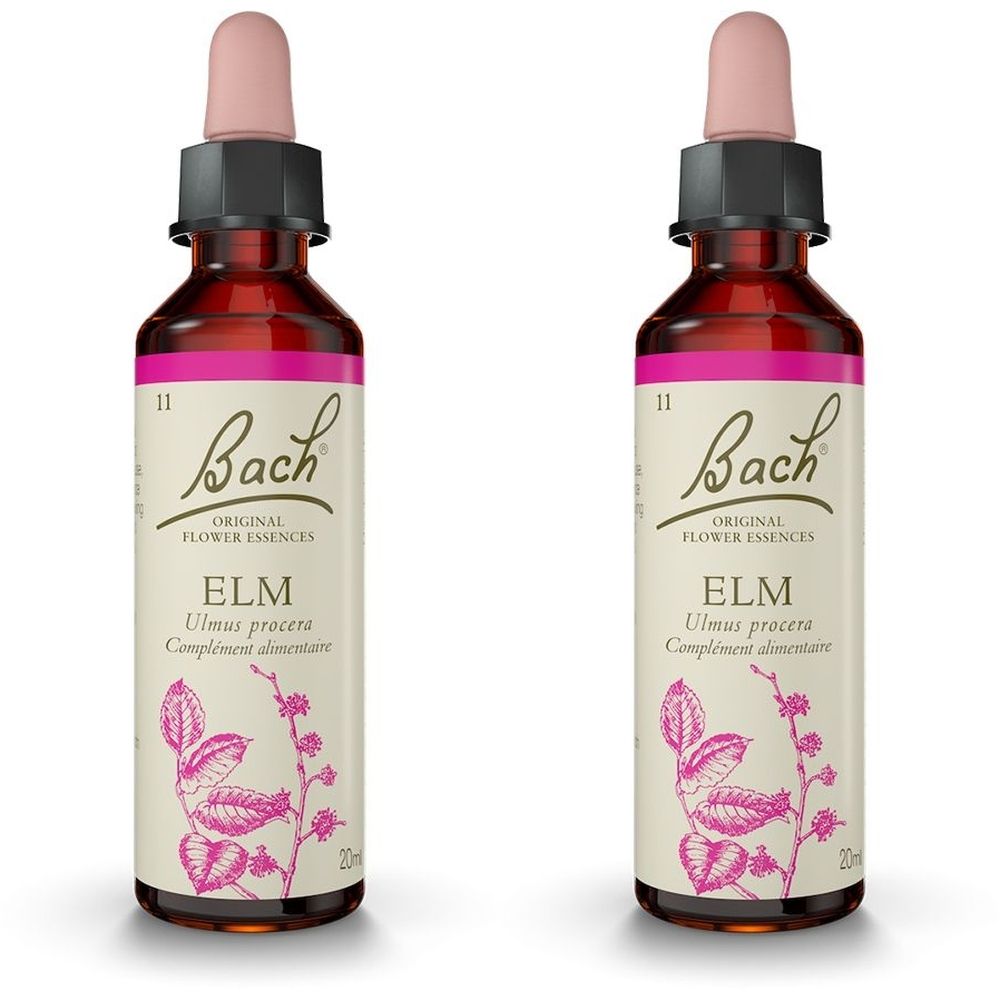 Deux flacons avec étiquettes roses. Inscription : Bach Original Flower Essences, ELM, Ulmus procera. Avec pipette.