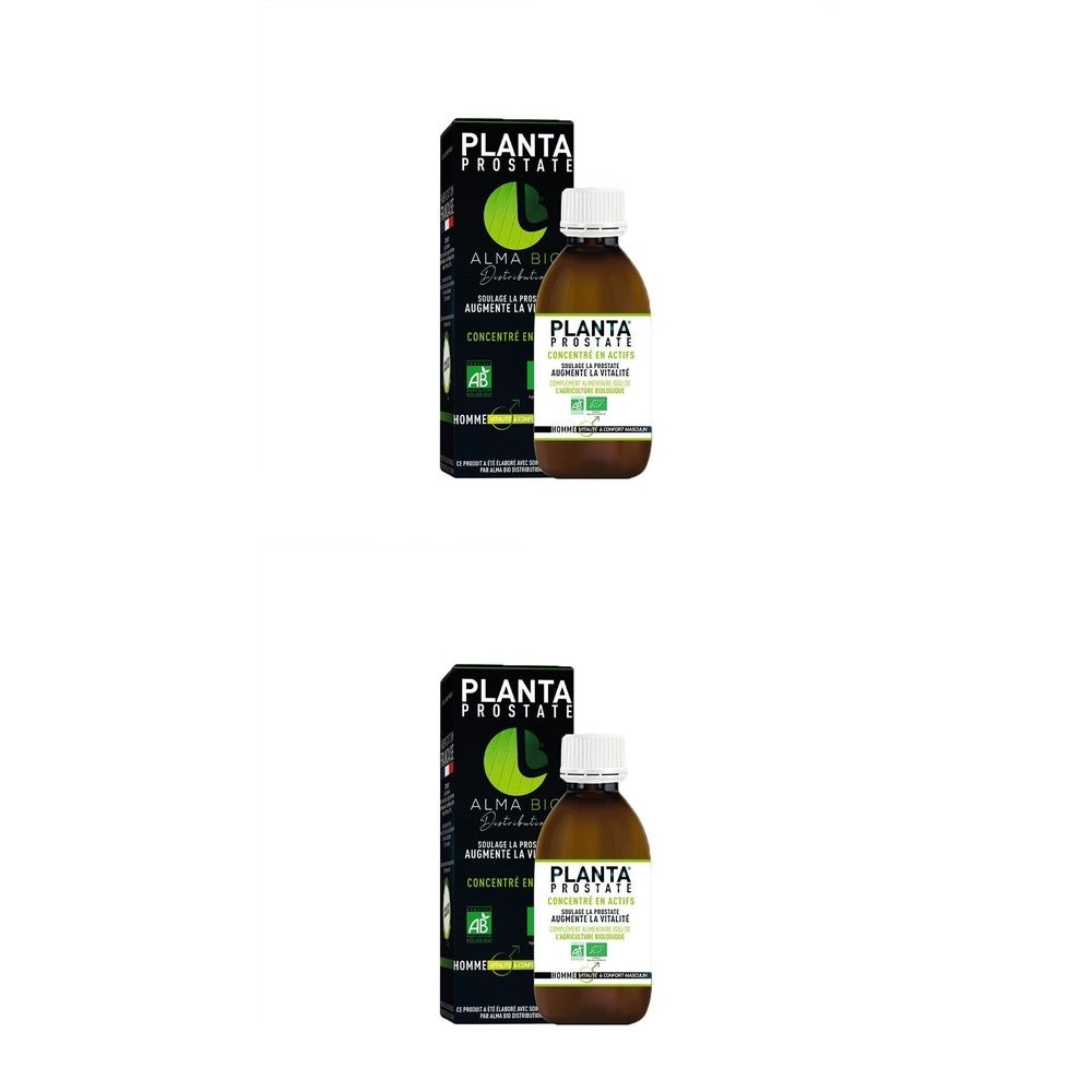 Une bouteille et une boîte du produit Planta Prostate Alma Bio. Le nom de la marque est clairement visible sur la bouteille et la boîte.