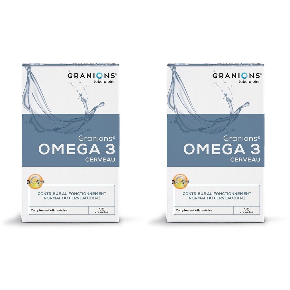 Deux boîtes de GRANIONS Omega 3 Cerveau. Emballage blanc avec bande bleue et informations produit. 30 capsules.