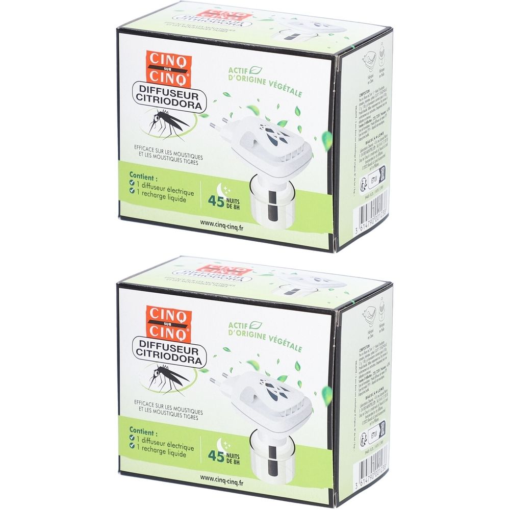Deux boîtes de produit. Inscription: CINO, Diffuseur Citriodora. Contient un diffuseur électrique et une recharge. Efficacité 45 heures.
