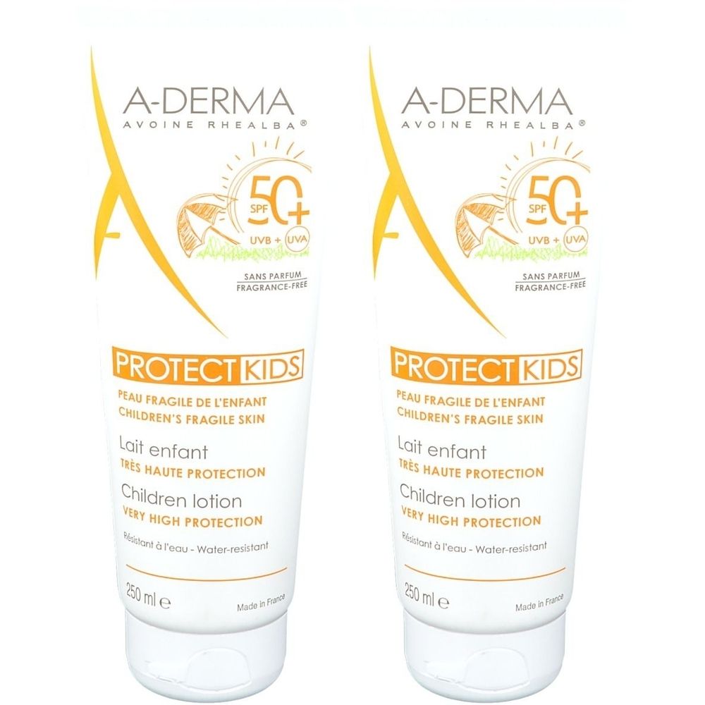 Deux tubes de lotion solaire A-DERMA Protect Kids SPF50+. Tubes blancs avec des accents jaunes et des informations sur le produit.