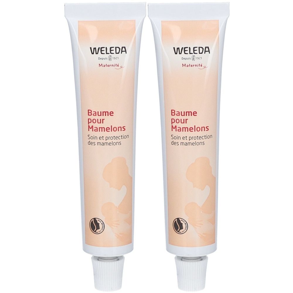 Deux tubes de crème. Inscription: WELEDA, Baume pour Mamelons. Soin et protection des mamelons. Silhouette d'une femme allaitant.