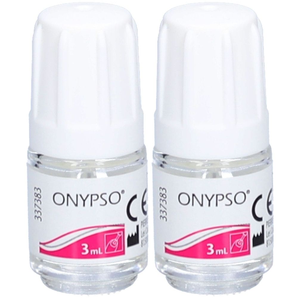 Deux petits flacons avec bouchon blanc et contenant transparent. Inscription ONYPSO, 3 ml, marquage CE.