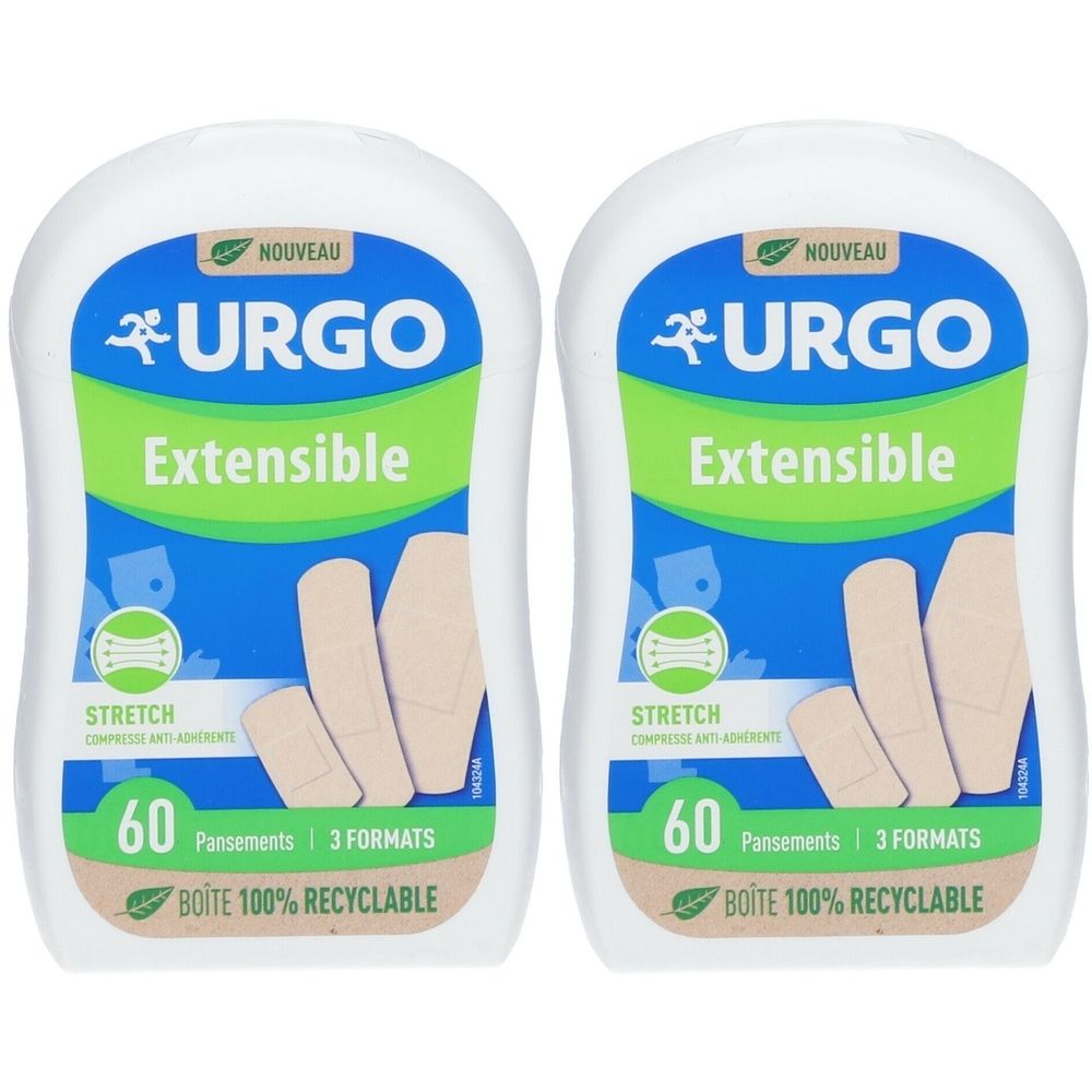 Deux boîtes de pansements URGO Extensible. Chaque boîte contient 60 pansements en 3 formats. Boîte 100% recyclable.