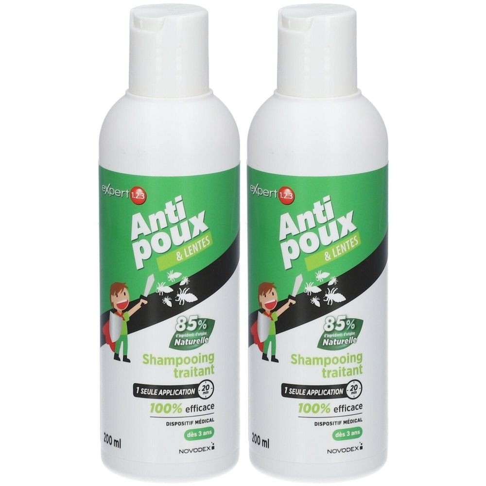 Deux flacons blancs avec étiquette verte. Inscription: Anti poux & lentes, 85% Naturel, Shampooing traitant. Marque: Novodex.