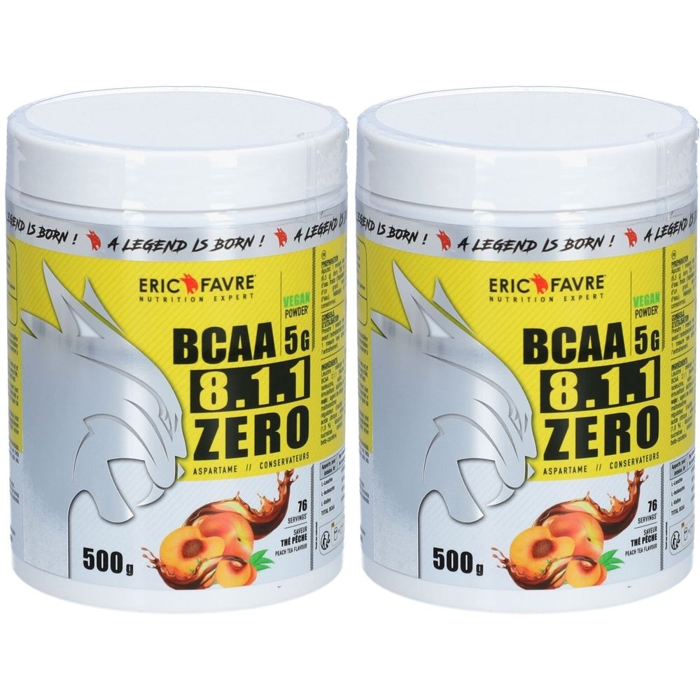 Deux pots blancs avec couvercles. Inscription : BCAA 8.1.1 ZERO, Eric Favre, 5g, 500g, Vegan. Illustration de pêches.