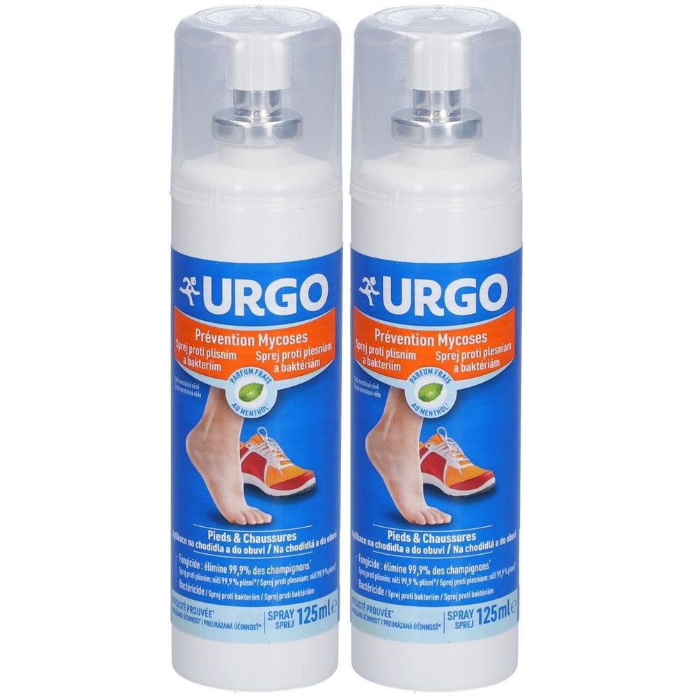 Deux sprays blancs avec texte bleu et orange. Inscription: URGO, Prévention Mycoses, Pieds & Chaussures. 125 ml.