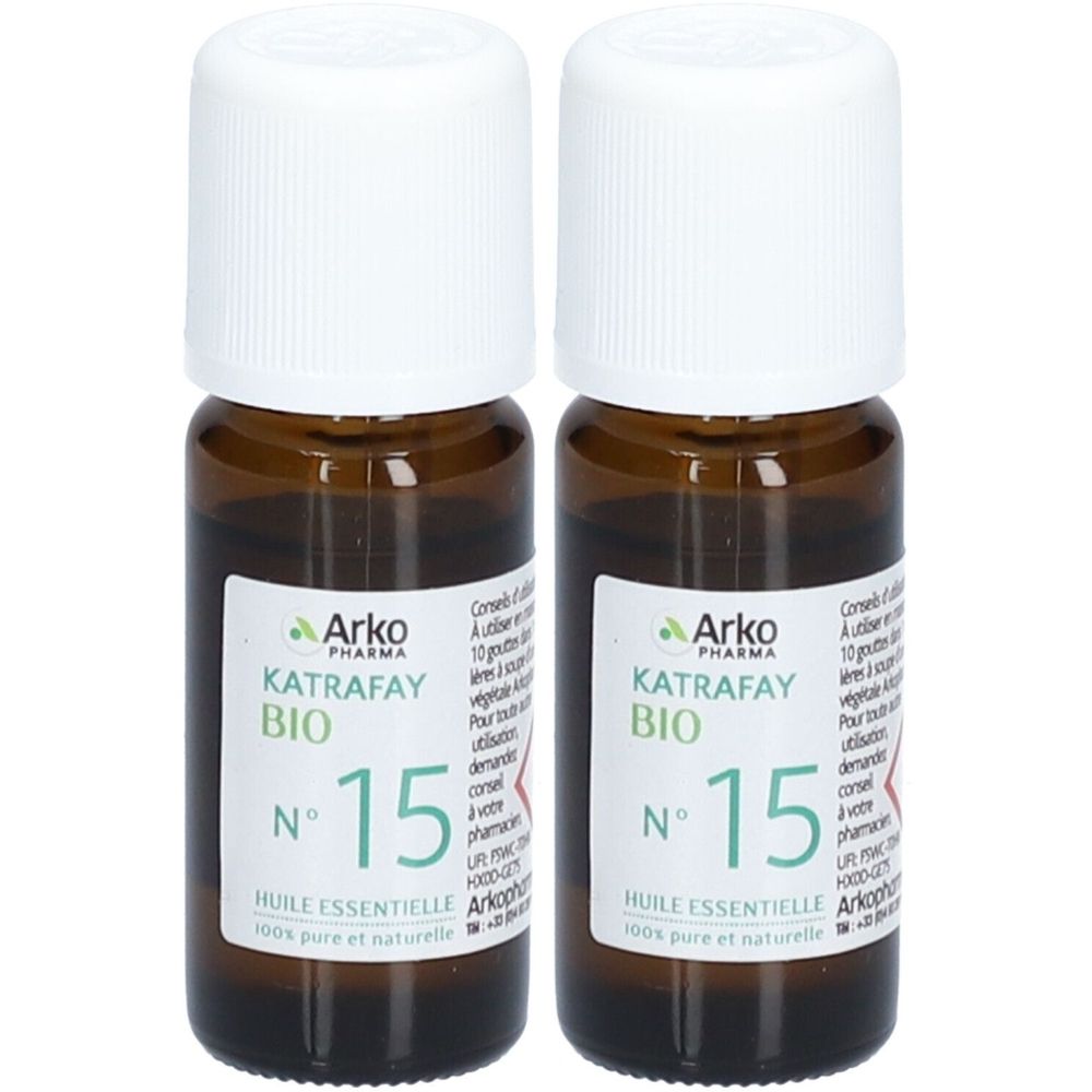 Deux flacons en verre brun avec bouchons blancs. Étiquettes : "Arko Pharma KATRAFAY BIO N° 15". Huile essentielle.