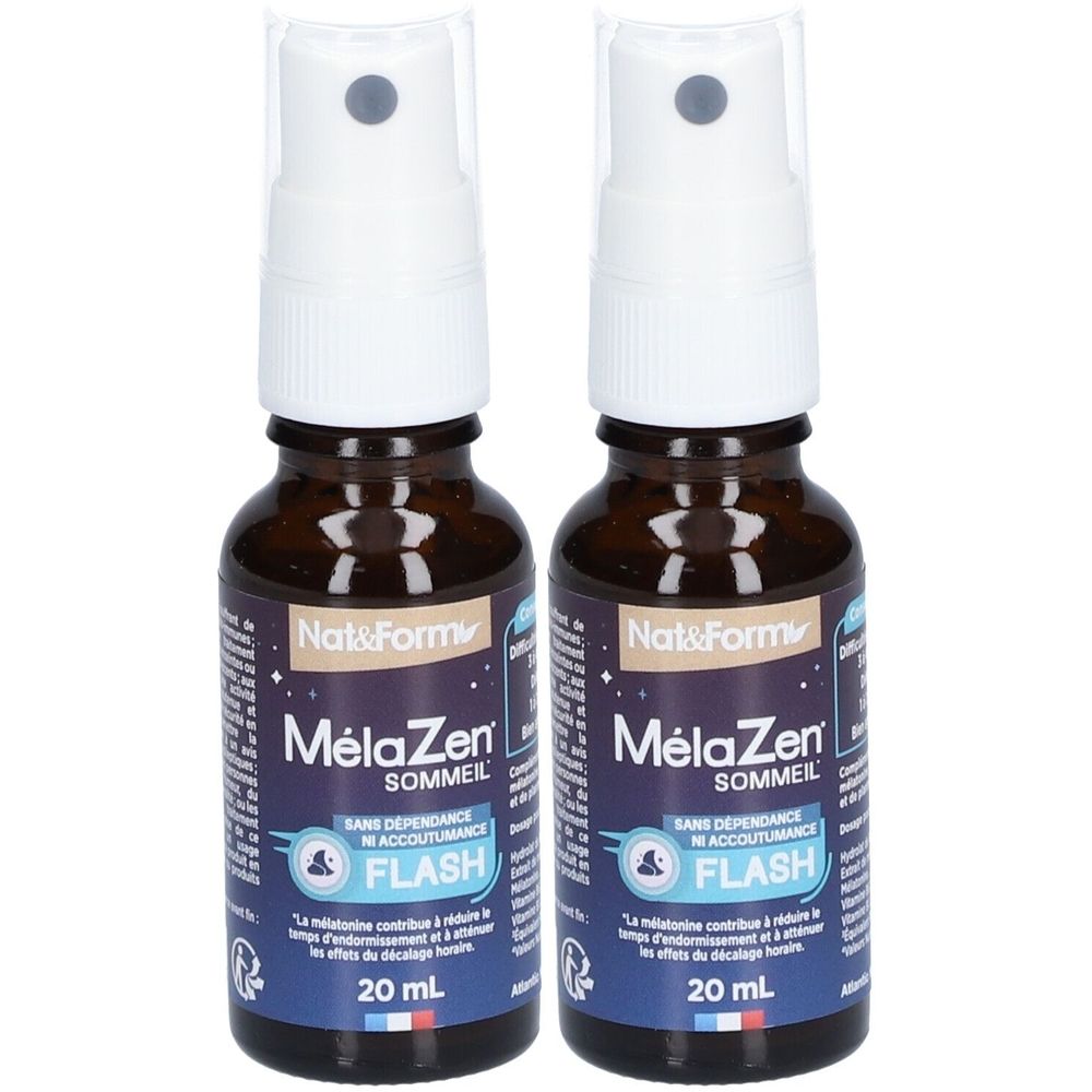 Deux flacons spray. Flacons en verre brun avec vaporisateur blanc. Inscription : MélaZen, Flash, 20 ml. Marque : Nat&Form.