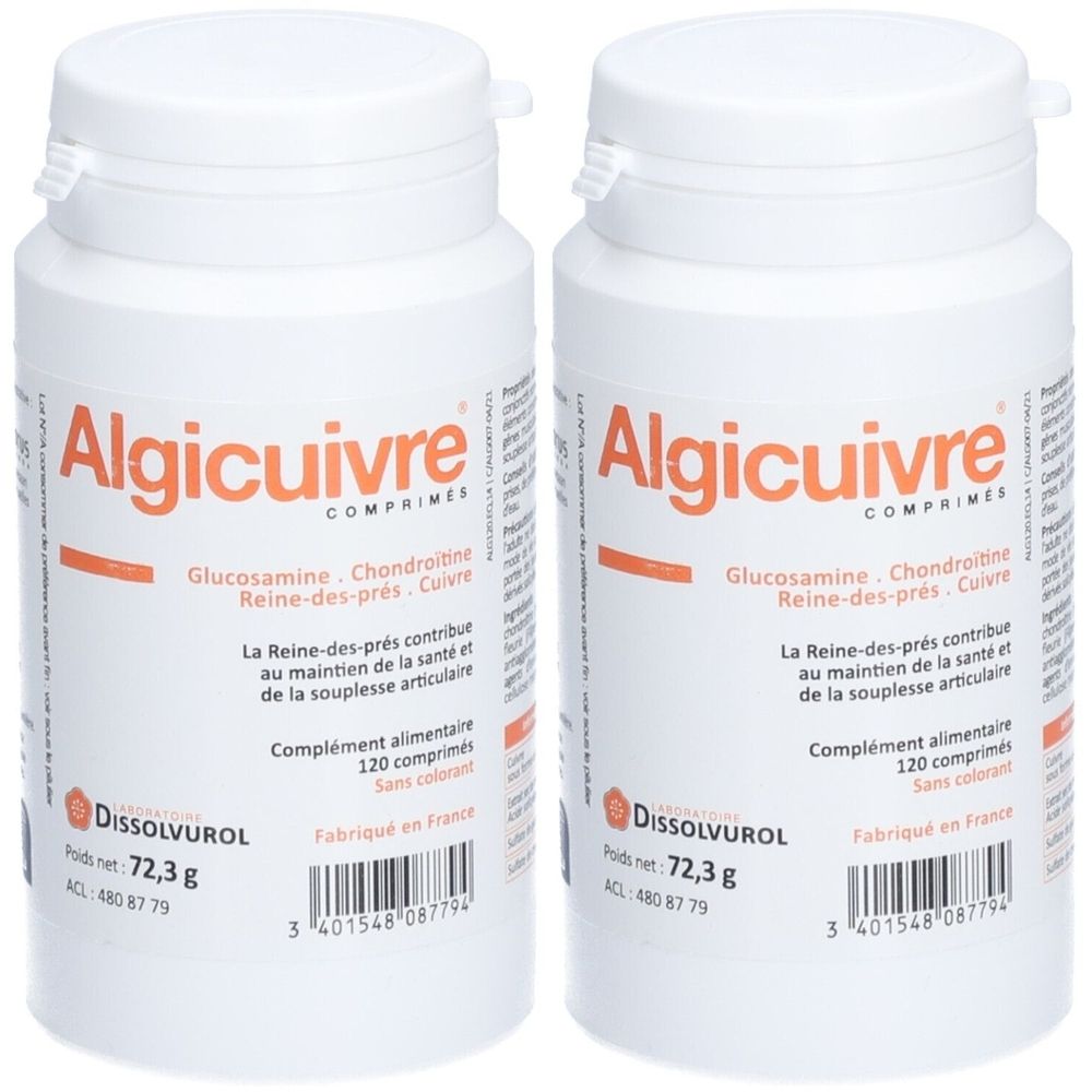 Deux flacons blancs Algicuivre. Ingrédients : Glucosamine, Chondroïtine, Reine-des-prés, Cuivre. Complément alimentaire, 120 comprimés.