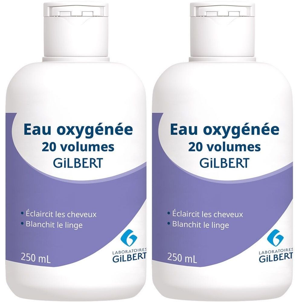 Deux flacons de Eau oxygénée Gilbert. Inscription: Eau oxygénée 20 volumes. Contient 250 ml. Pour cheveux et linge.
