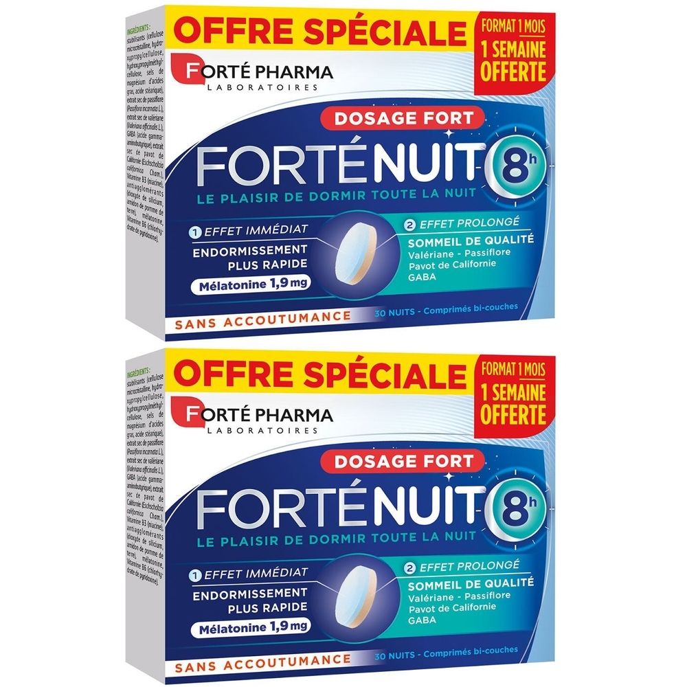 Deux boîtes de Forté Nuit 8h. Emballage bleu et blanc avec nom du produit et informations. "Offre Spéciale" et "1 Semaine Offerte" sont visibles.