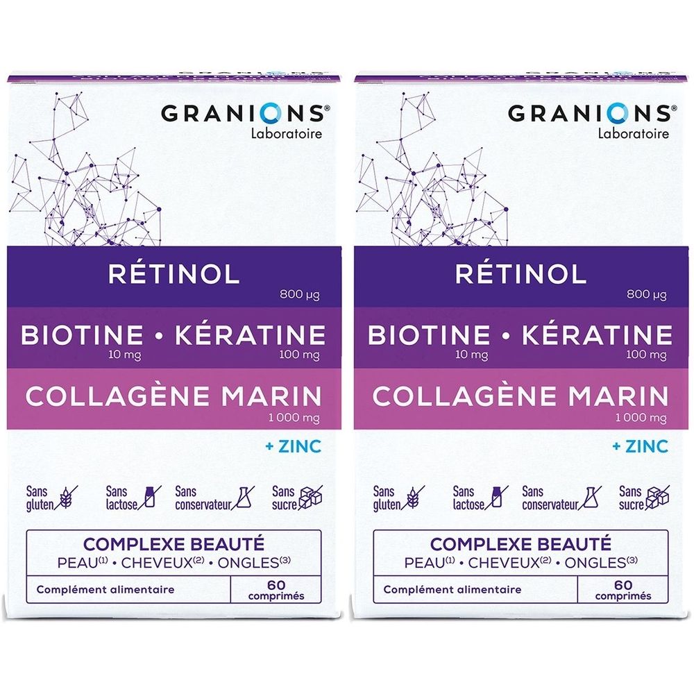 Deux boîtes de compléments alimentaires. Inscriptions : Rétinol, Biotine, Kératine, Collagène Marin, Zinc. 60 comprimés. Marque : GRANIONS.