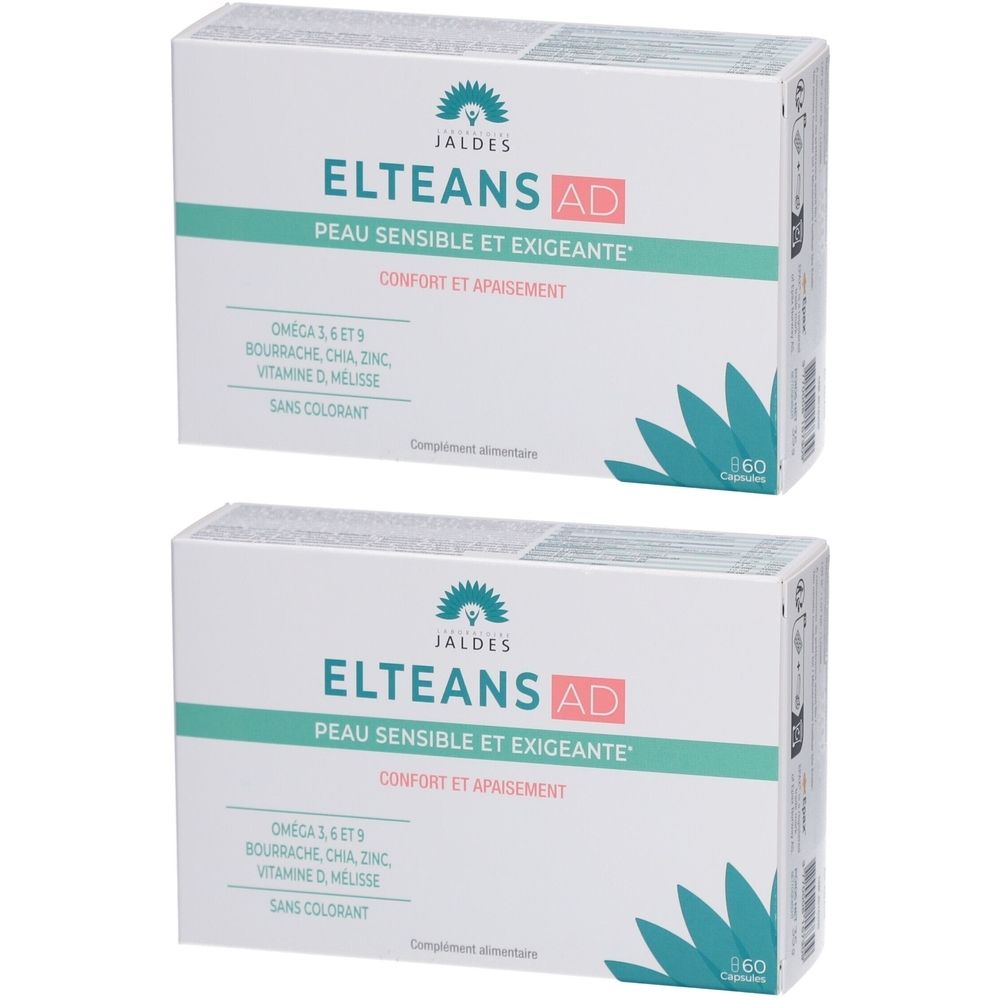Deux boîtes de "ELTEANS AD". Inscription "Peau sensible et exigeante". Contient 60 gélules. Marque JALDES.