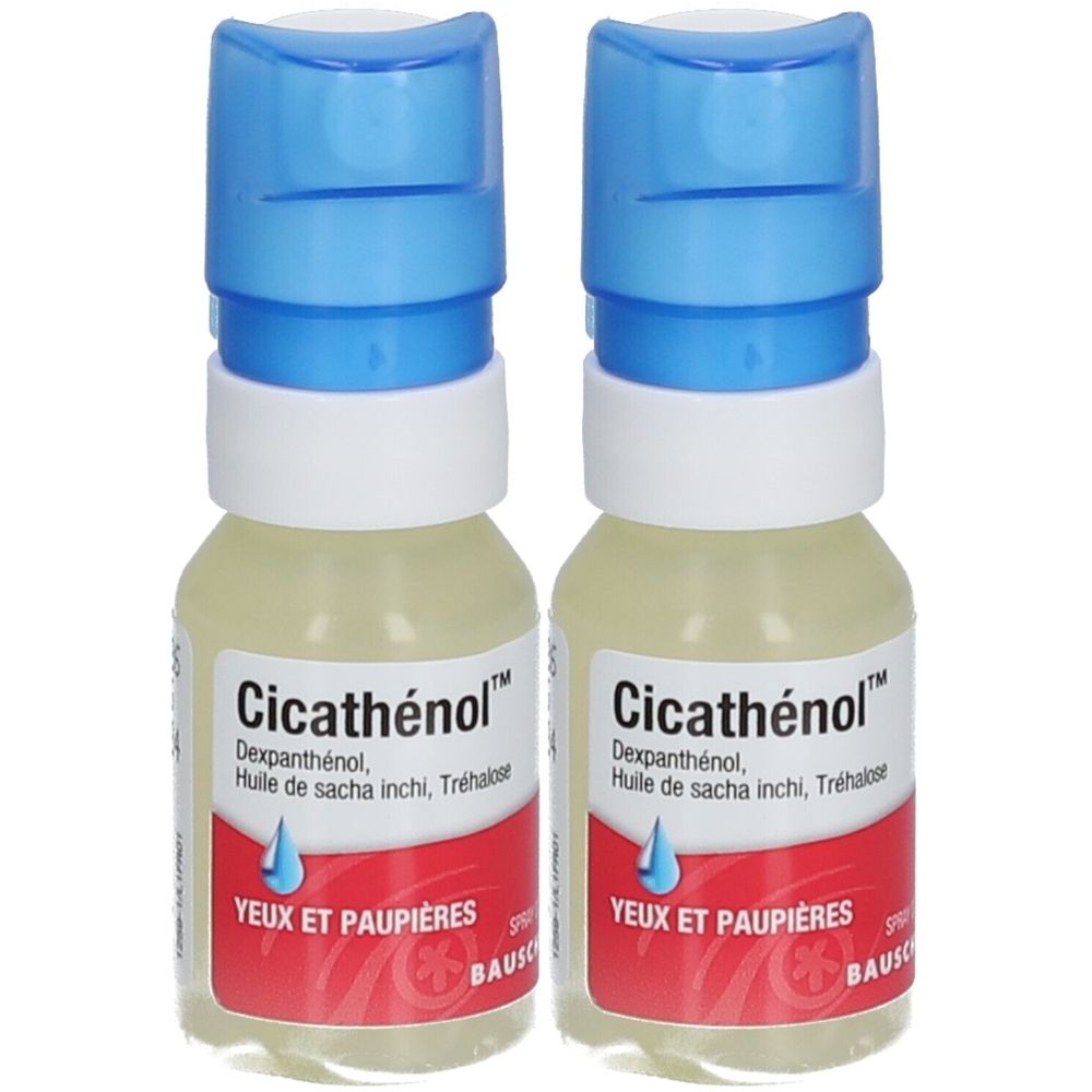 Deux flacons de Cicathénol. Flacons blancs avec bouchon bleu. Inscription: Cicathénol, YEUX ET PAUPIÈRES, BAUSCH.