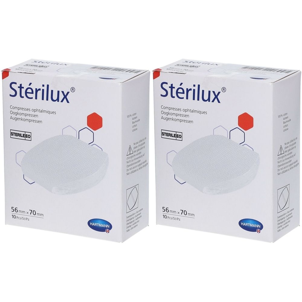 Deux boîtes de compresses ophtalmiques Stérilux. Inscription : 56 x 70 mm, 10 pièces. Logo Hartmann.