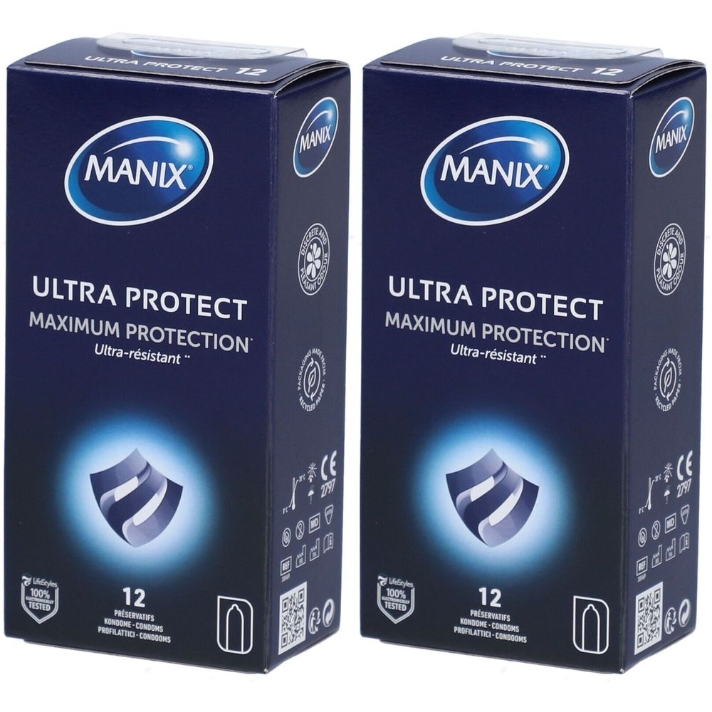 Deux boîtes "MANIX ULTRA PROTECT". Emballage bleu avec informations produit et marquage CE.