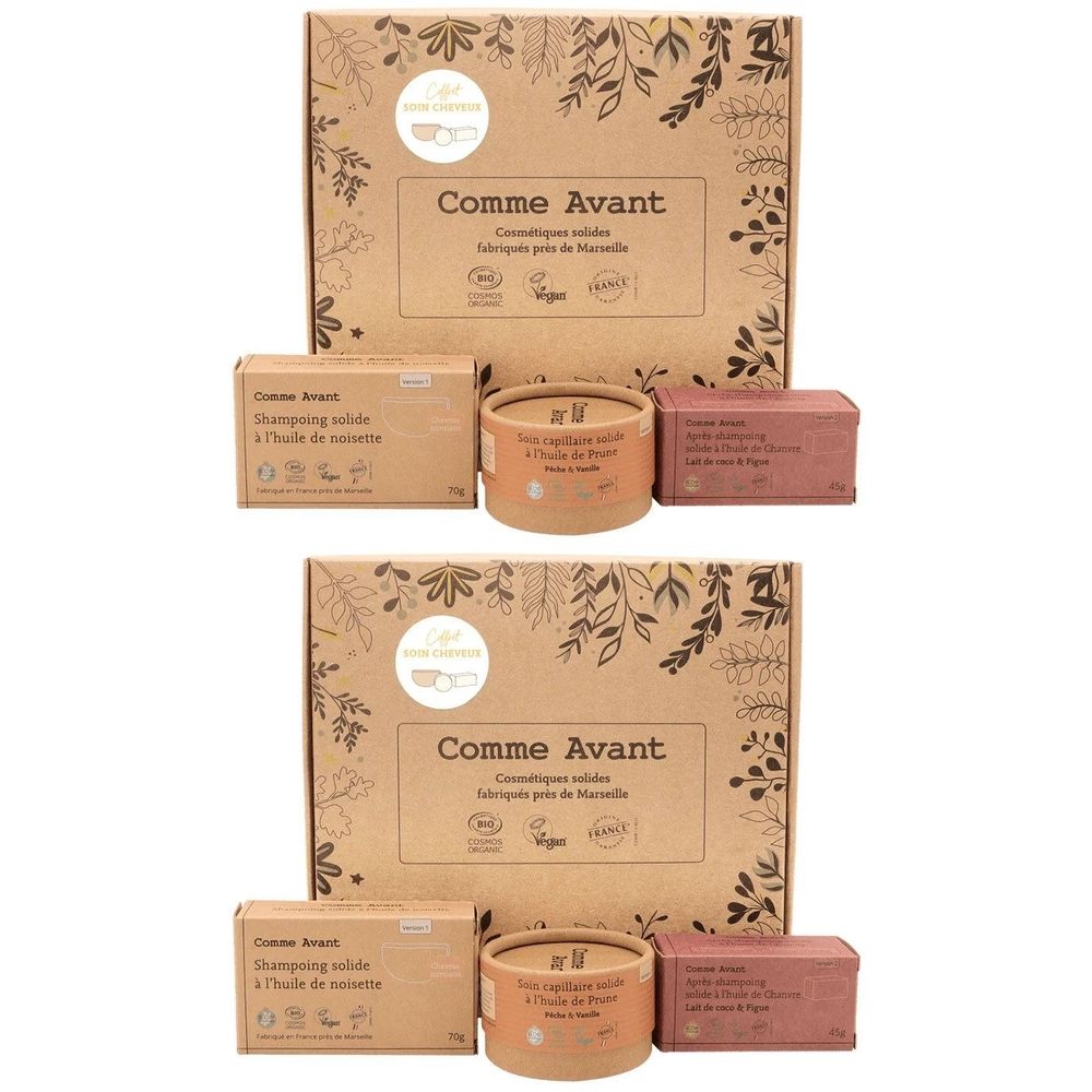 Coffret de soins capillaires. Contient shampoings solides, savons et un pot rond. Marque: Comme Avant. Emballage en carton.