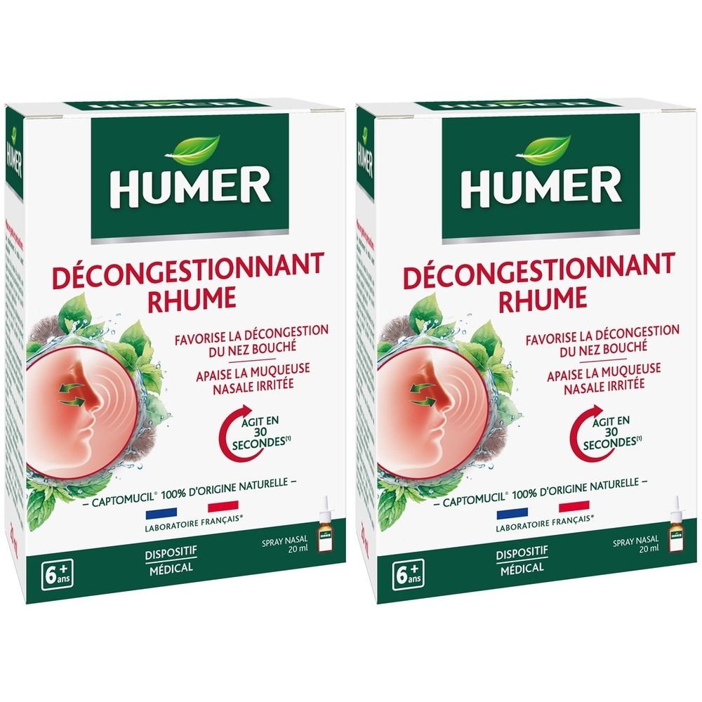 Deux boîtes de Humer Décongestionnant Rhume. Inscriptions : décongestionne le nez bouché, apaise la muqueuse nasale irritée. Dispositif médical.