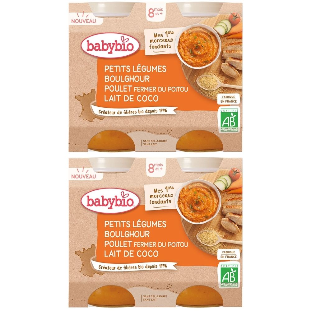 Emballage Babybio. Inscription : PETITS LÉGUMES BOULGHOUR POULET FERMIER DU POITOU LAIT DE COCO. Label AB. Dès 8 mois.