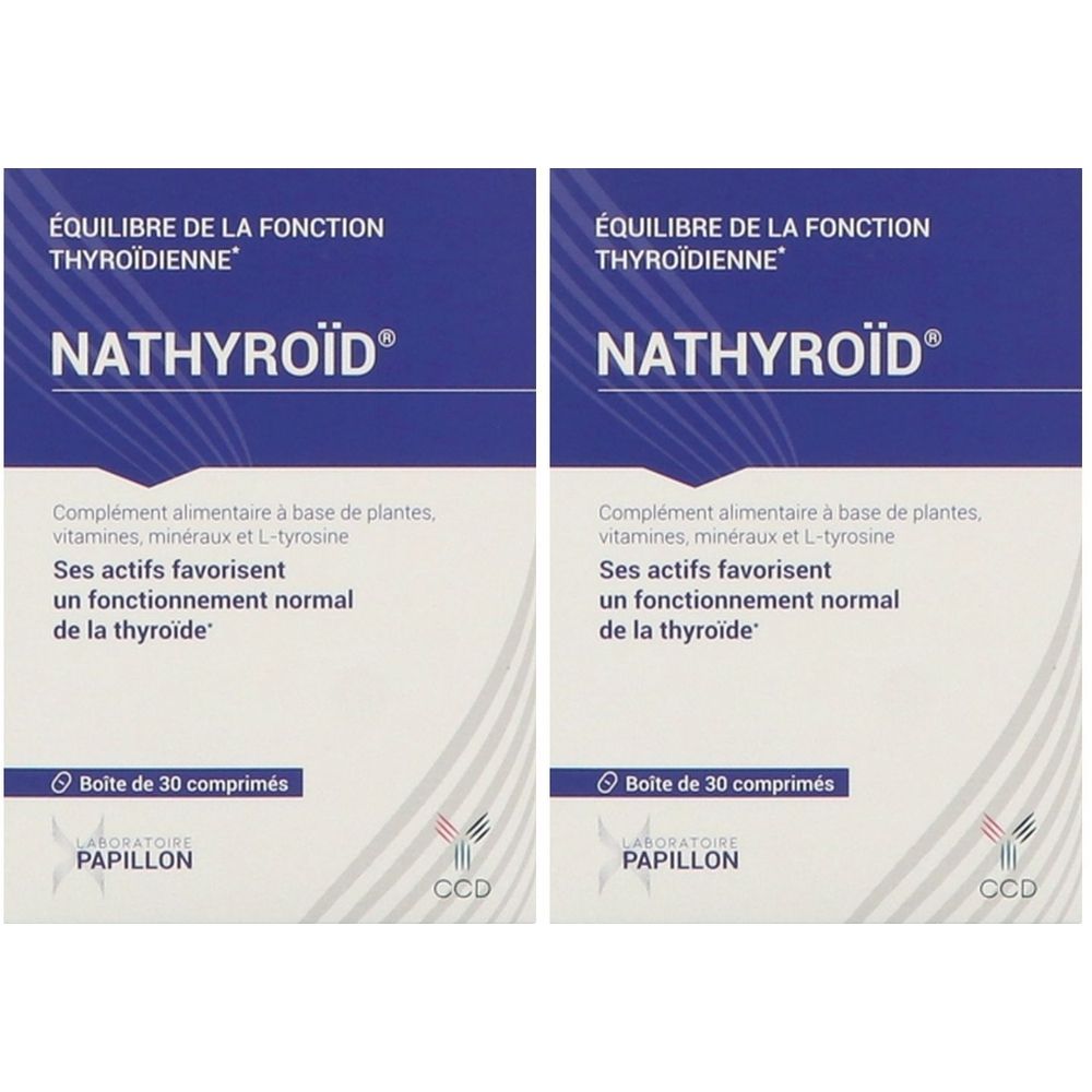 Deux boîtes de Nathyroid, complément alimentaire pour la thyroïde. Emballage bleu et blanc avec texte. Contient 30 comprimés.