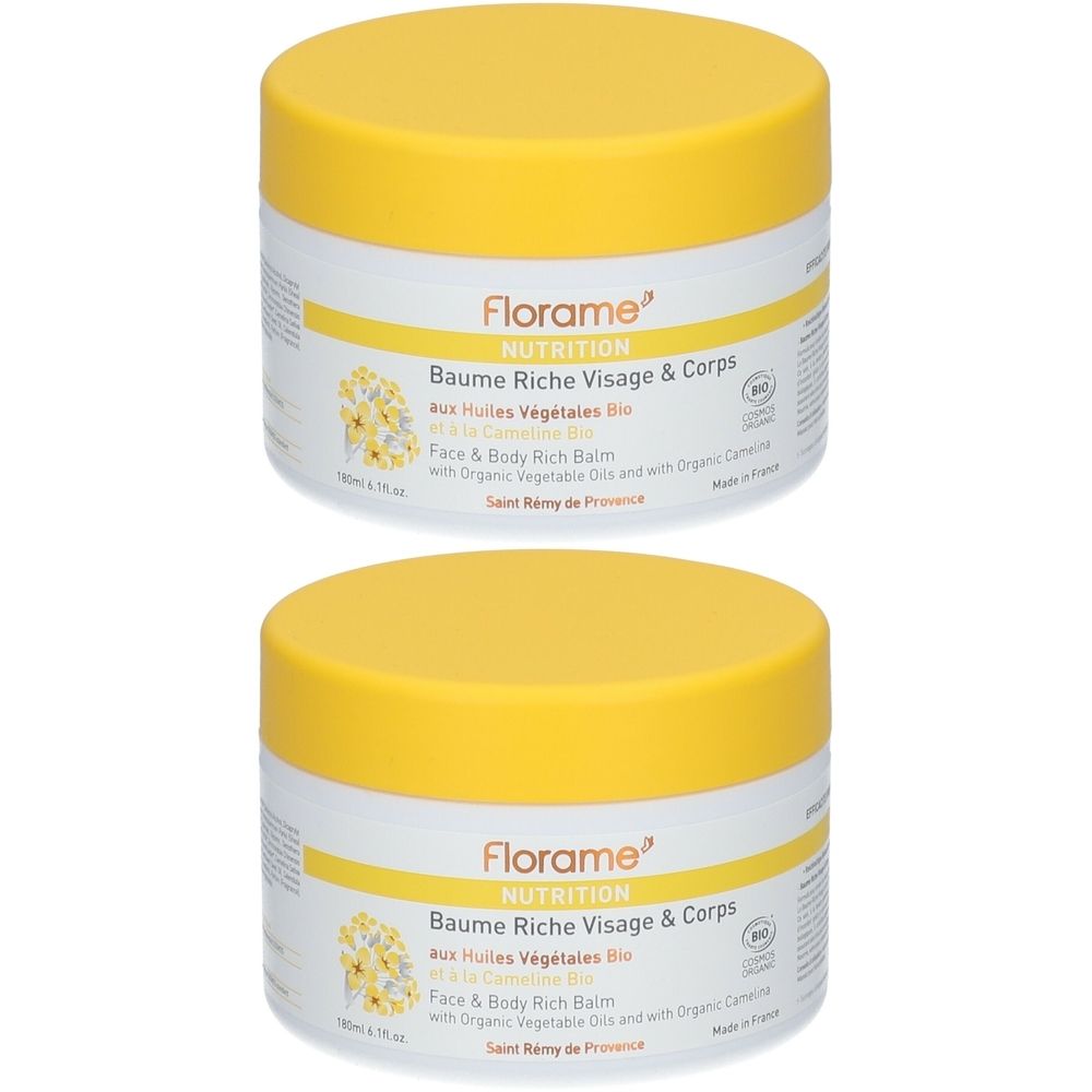 Deux pots de Baume Riche Visage & Corps. Couvercle jaune, pot blanc avec étiquette. Texte : Baume Riche Visage & Corps.